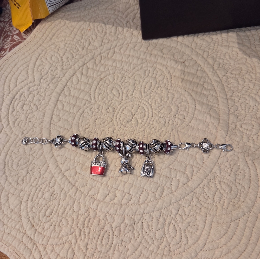 BRIGHTON Silver and Red Charm Bracelet WITH Cute  Rabbit  And Basket Charms N